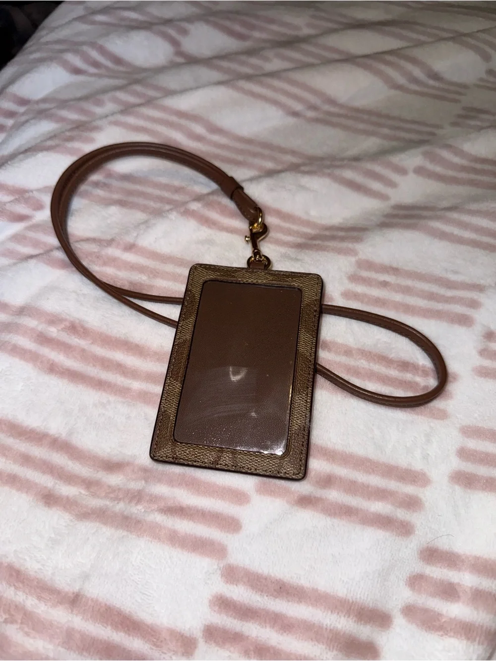 Coach Brown Signature Lanyard Card Case with Gold Hardware
